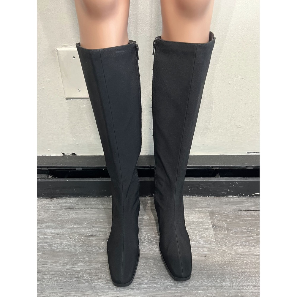 Stuart Weitzman Black Fabric Knee-High Square Toe Block Heel Boots Size 10 Flaws